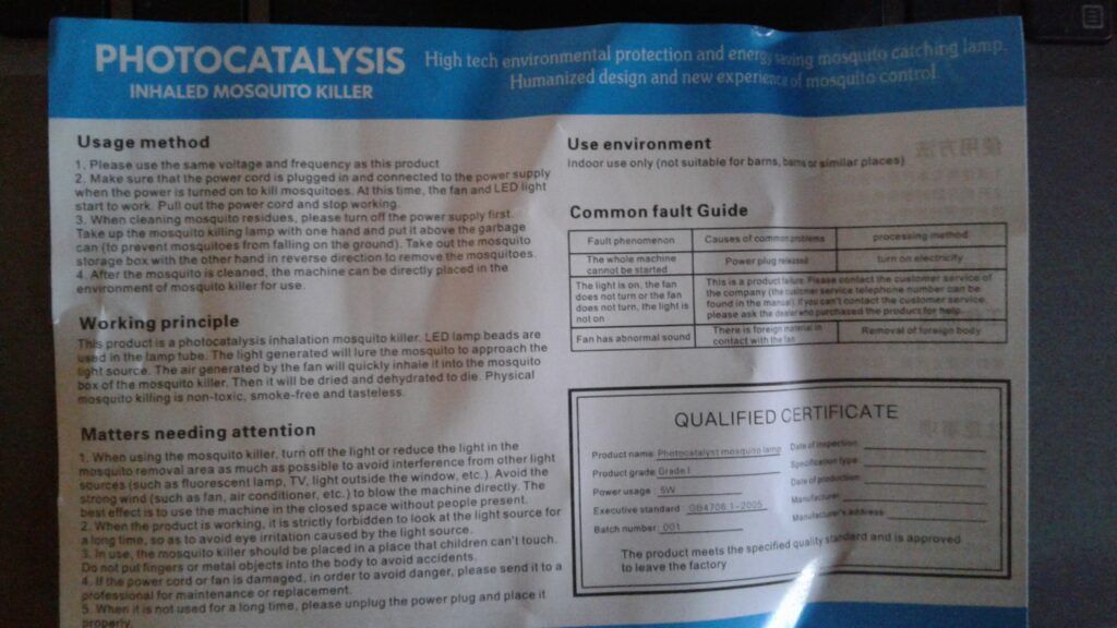 Photocatalysis Mosquito Killer Instructions